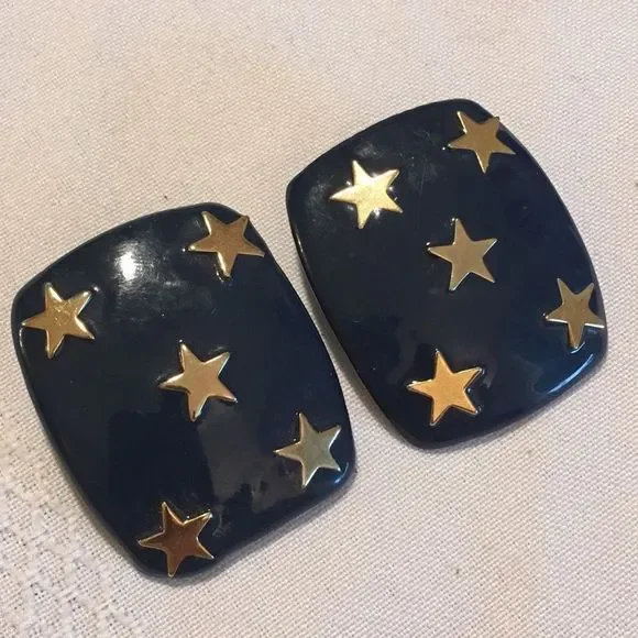 Vintage Navy Blue Earrings With Gold Stars - Picture 1 of 4